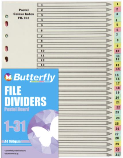 A4 File Dividers 1-31 - Pastel