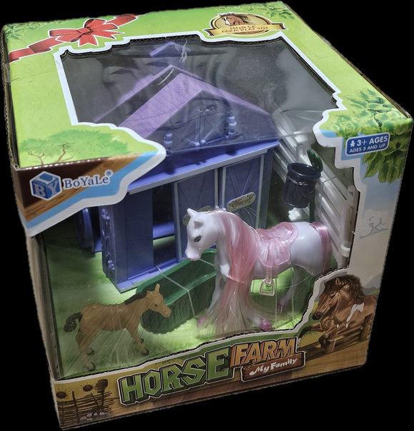 Horse Farm with stall, horses and cleaning equipment