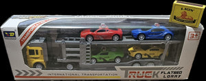 Truck with flatbed trailer and four police cars