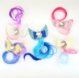 Unicorn Hairclip with colourful fake hair - Wings